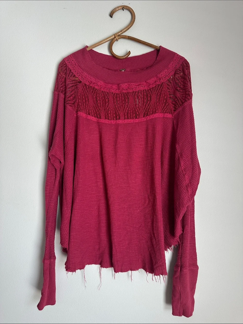 Free People Deep Raspberry Lace Yoke Long Sleeve Top